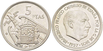 Испания 5 песет 1957 (75) Франциско Франко (1939-1975) KM 786 медно-никель 4519-925