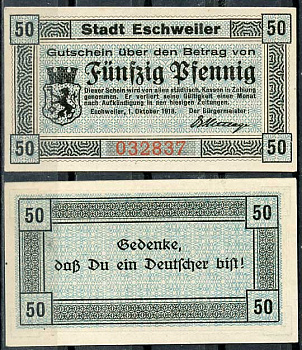 Германия, Эшвайлер 50 пфеннигов 1918 нотгельд, 1.10.1918 бумага UNC (пресс) 8614-45-3-1