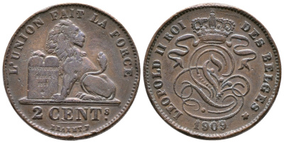 БЕЛЬГИЯ 2 САНТИМА 1909 BELGES KM 35.1 медь 4364-4132
