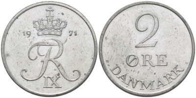 Дания 2 эре 1971 C; S, Фредерик IX (1947-1972) KM 840.2 цинк 67-457