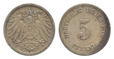 Германия 5 пфеннигов 1908 F, Вильгельм II (1888-1918) KM 11, J. 12 медно-никель 4640-127