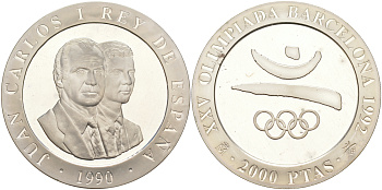 Испания 2000 песет 1990 XXV летние Олимпийские игры 1992 года в Барселоне, символика, олимпийские кольца KM 859 серебро PROOF 1072-8-42