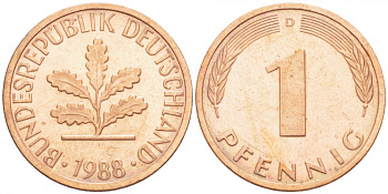 ФРГ 1 ПФЕННИГ 1988 D KM 105, J.380 сталь плакированная медью 3718-234