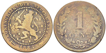 НИДЕРЛАНДЫ 1 ЦЕНТ 1884 ВИЛЬЯМ III (1849-1890) KM 107 бронза 218-855