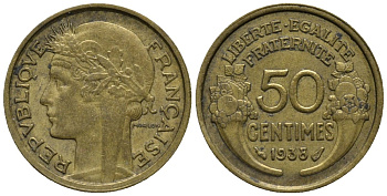 Франция 50 сантимов 1938 KM 894 алюминиевая бронза 187-218