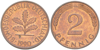 ФРГ 2 ПФЕННИГА 1990 G KM 106а, J. 381а сталь плакированная сталь плакированная медьюю 4181-855