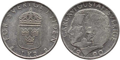 Швеция 1 крона 1990 Карл XVI Густав (1973- ) KM 852a медно-никель 4398-1234