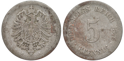 ГЕРМАНИЯ 5 ПФЕННИГОВ 1875 A, СТАРОГЕРБОВКА KM 3, J.3 медно-никель 45-442