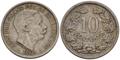 Люксембург 10 сантимов 1901 Адольф (1890-1905) KM 25 медно-никель 4602-431