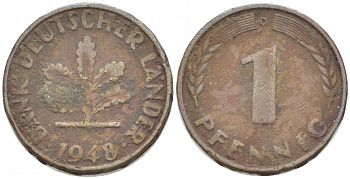 ФРГ 1 ПФЕННИГ 1948 D KM А101, J.376 сталь плакированная медью 3955-469