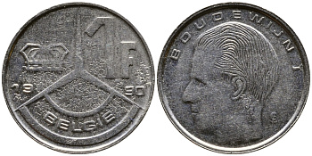 БЕЛЬГИЯ 1 ФРАНК 1990 BELGIE KM 171 железо плакированное никелем 4387-642