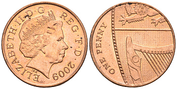 Великобритания 1 пенни 2009 Елизавета II (1952-2022) KM 1107, Spink B6 сталь плакированная медью 4609-662