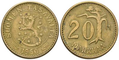 Финляндия 20 марок 1960 S KM 39 алюминиевая бронза 4586-752