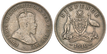 Австралия 6 пенсов 1910 L, Эдуард VII (1901-1910) KM 19 серебро 71-157