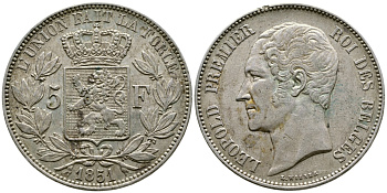 Бельгия 5 франков 1851 Леопольд I (1831-1865) KM 17 серебро 00-1067-5-33