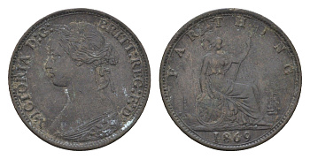 Великобритания 1 фартинг 1869 Виктория (1837-1901) KM 747.2, Spink 3958 бронза 4664-235
