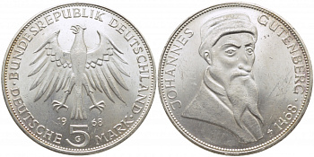 ФРГ 5 марок 1968 G, 500 лет со дня смерти Иоганна Гутенберга KM 122, J. 397 серебро 109-633