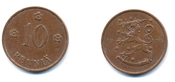 Финляндия 10 пенни 1934 республика (1918-1962) KM 24 медь 51-5357