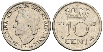 Нидерланды 10 центов 1948 Вильгельмина (1895-1948) KM 177 никель 220-534