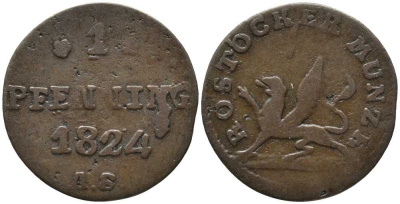 Росток 1 пфенниг 1824 AS, Адам Шиллер (1815-1824) KM 135 медь     4448-827