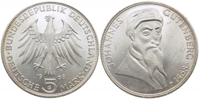ФРГ 5 марок 1968 G, 500 лет со дня смерти Иоганна Гутенберга KM 122, J. 397 серебро 109-633