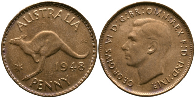 АВСТРАЛИЯ 1 ПЕННИ 1948 m, ГЕОРГ VI (1936-1952), КЕНГУРУ KM 36 бронза 74-214