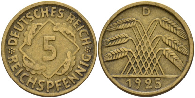 Германия 5 рейхспфеннигов 1925 D KM 39, J. 316 алюминиевая бронза 4151-725