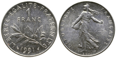 ФРАНЦИЯ 1 ФРАНК 1991 СЕЯТЕЛЬ KM 925.1 никель 93-1443