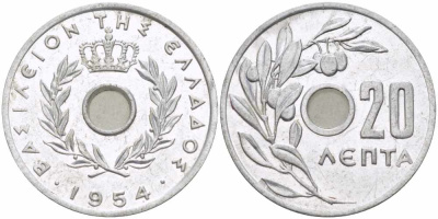 Греция 20 лепта 1954 Павел I (1947-1964), оливковая ветвь KM 79 алюминий 108-1222