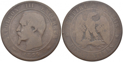Франция 10 сантимов 1855 A, Наполеон III (1852-1870) KM 771.1, Le Franc 133,19 бронза 114-1245