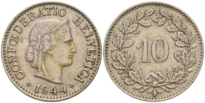 Швейцария 10 раппенов 1944 B KM 27 медно-никель 4532-412