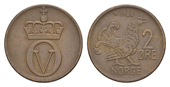 Норвегия 2 эре 1966 Улаф V (1957-1991) KM 410 бронза 4635-344