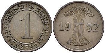 ГЕРМАНИЯ 1 РЕЙХСПФЕННИГ 1932 A KM 37, J. 313, Weege 2 бронза 4547-161