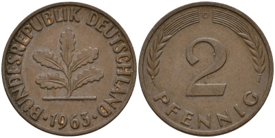 ФРГ 2 пфеннига 1963 D J.381  KM 106 бронза    4598-729