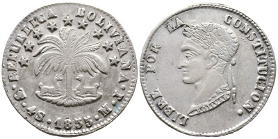 Боливия 4 соля 1855 M.J. KM 123.2 серебро 1525-1135