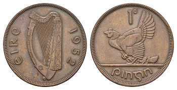 Ирландия 1 пенни 1952 курица с цыплятами KM 11 бронза 4672-821