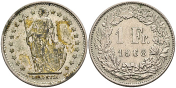 Швейцария 1 франк 1968 KM 24а медно-никель 190-811