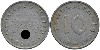 ГЕРМАНИЯ 10 РЕЙХСПФЕННИГОВ 1942 A KM 101, J. 371 цинк 4401-624