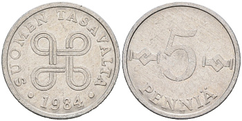 ФИНЛЯНДИЯ 5 ПЕННИ 1984 KM 45а алюминий 192-1228