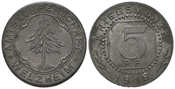 Вельцхайм (Вюртемберг) 5 пфеннигов 1918 Funck 593.1, Men05 26523.1, Men18 33344.1 железо aUNC 4151-1248