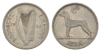 Ирландия 6 пенсов 1934 волкодав KM 5 никель 4623-635