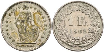 Швейцария 1 франк 1968 KM 24а медно-никель 190-811