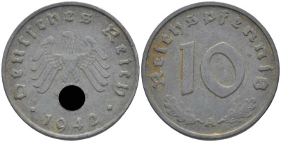 ГЕРМАНИЯ 10 РЕЙХСПФЕННИГОВ 1942 A KM 101, J. 371 цинк 4401-624