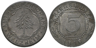 Вельцхайм (Вюртемберг) 5 пфеннигов 1918 Funck 593.1, Men05 26523.1, Men18 33344.1 железо aUNC 4151-1248