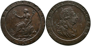 Великобритания 1 пенни 1797 Георг III (1760-1820), 10 ЛИСТЬЕВ KM 618, Spink 3777 медь 1518-823