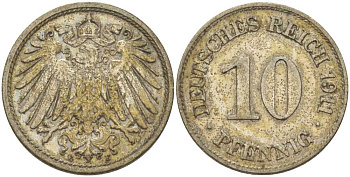 ГЕРМАНИЯ 10 ПФЕННИГОВ 1911 E KM 12, J. 13, Weege 8 медно-никель 212-151