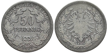 ГЕРМАНИЯ 50 ПФЕННИГОВ 1877 H, РЕДКАЯ, MT 65 ЕВРО KM 8, Jager 8, Weege 14 серебро 00-00-00