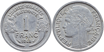 ФРАНЦИЯ 1 ФРАНК 1948 ТИП MORLON, LEGERE KM 885a.1, LE FRANC 221.13 алюминий 4397-654