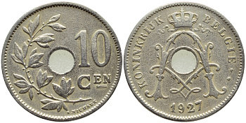БЕЛЬГИЯ 10 САНТИМОВ 1927 BELGIE KM 86 медно-никель 86-921
