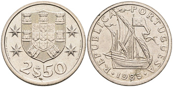Португалия 2,5 эскудо 1985 парусник KM 590 медно-никель 4567-465